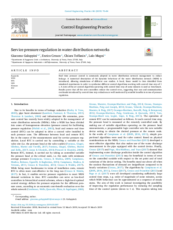 (PDF) Service pressure regulation in water distribution networks