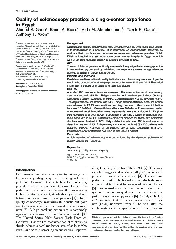 (PDF) Quality of colonoscopy practice: a single-center experience in Egypt
