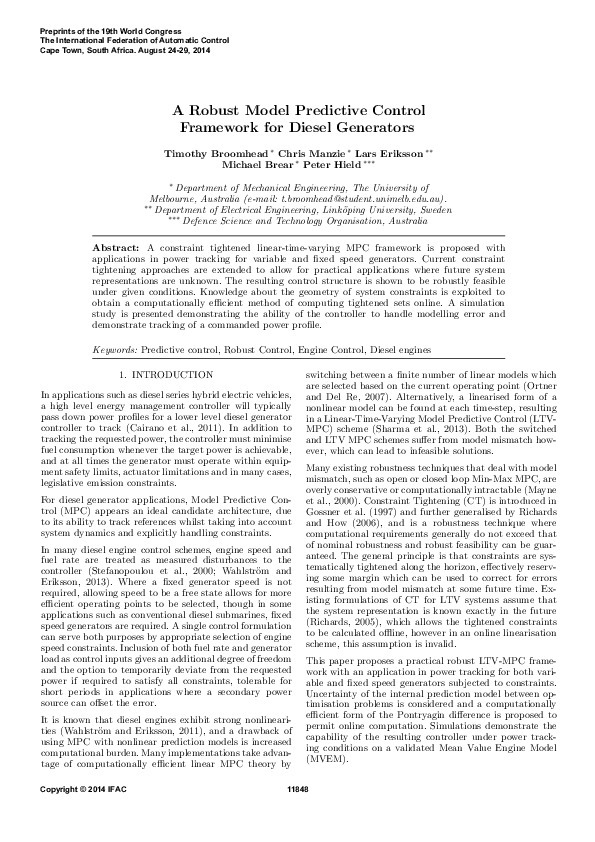 (PDF) A Robust Model Predictive Control Framework for Diesel Generators