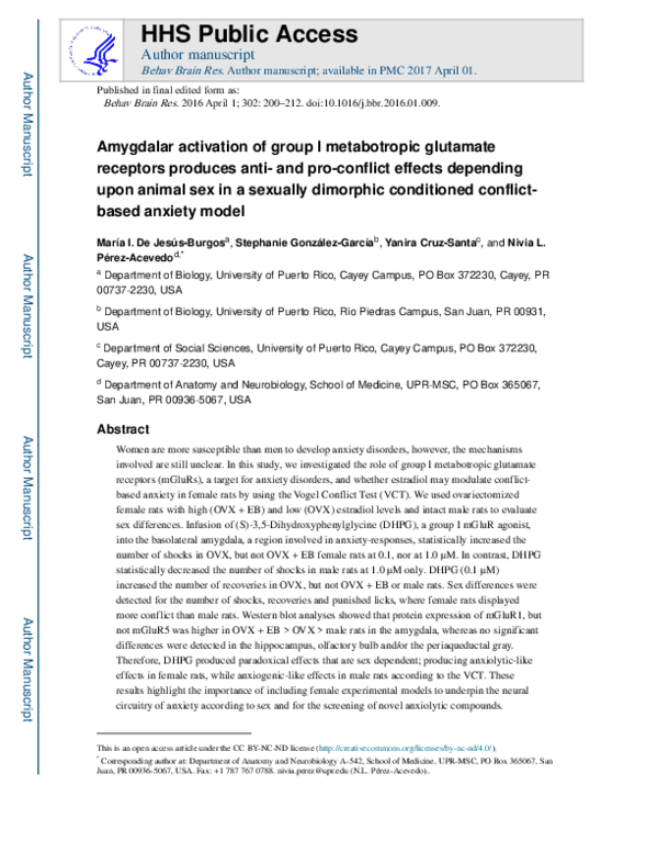 (PDF) Amygdalar activation of group I metabotropic glutamate receptors ...