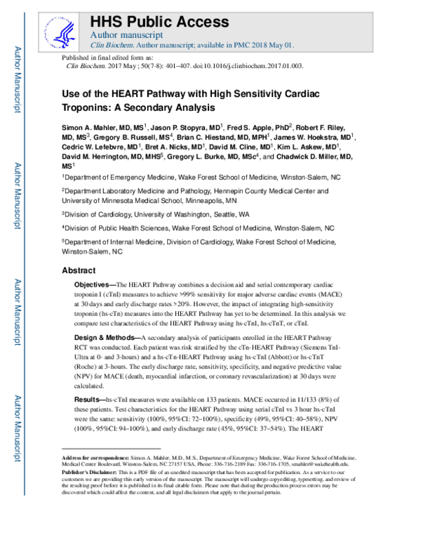 (PDF) Use of the HEART Pathway with high sensitivity cardiac troponins ...