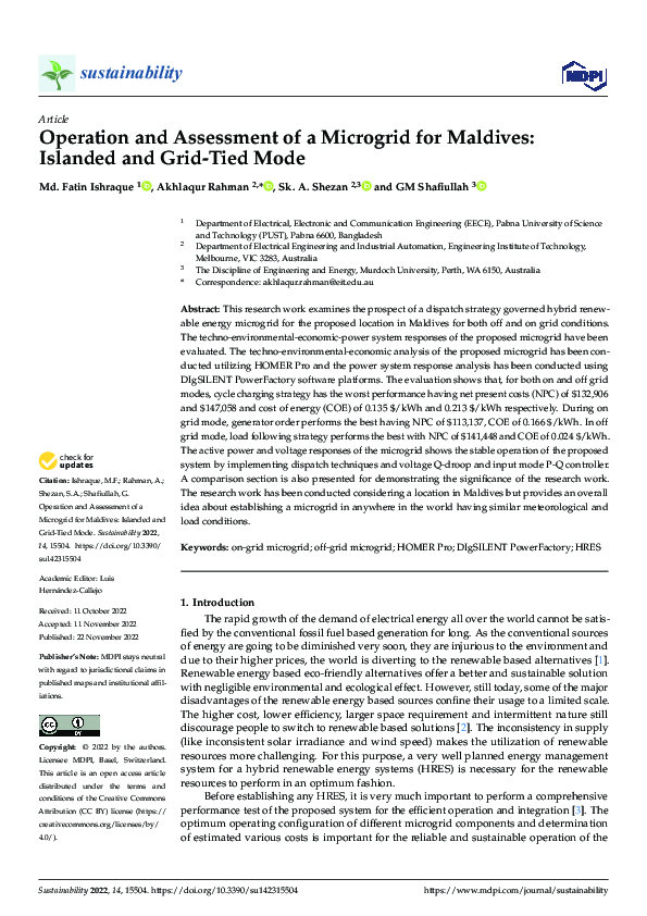 (PDF) Operation and Assessment of a Microgrid for Maldives: Islanded ...