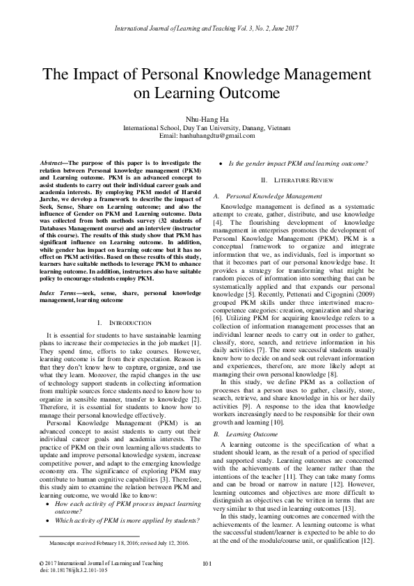 (PDF) The Impact of Personal Knowledge Management on Learning Outcome