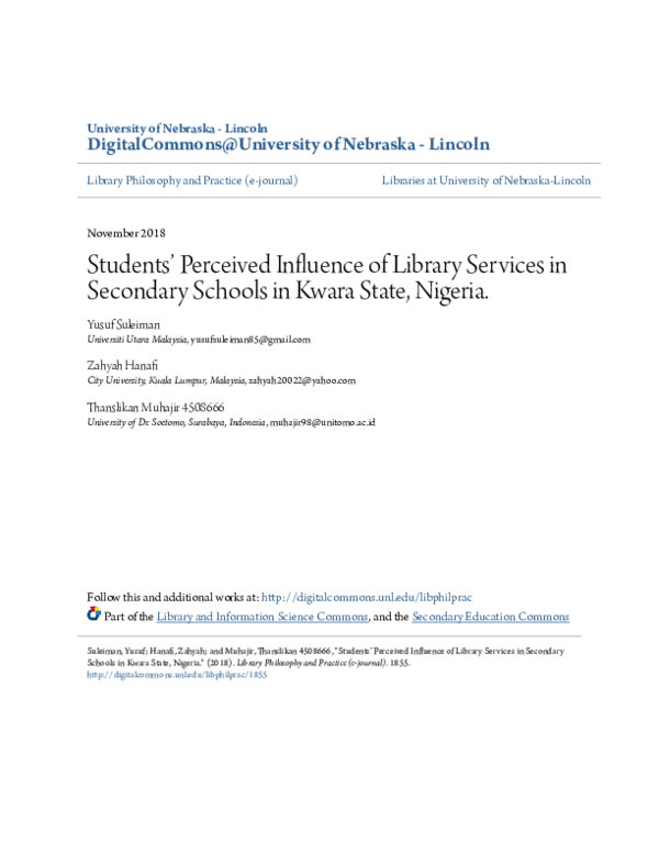 (PDF) Students’ Perceived Influence of Library Services in Secondary ...