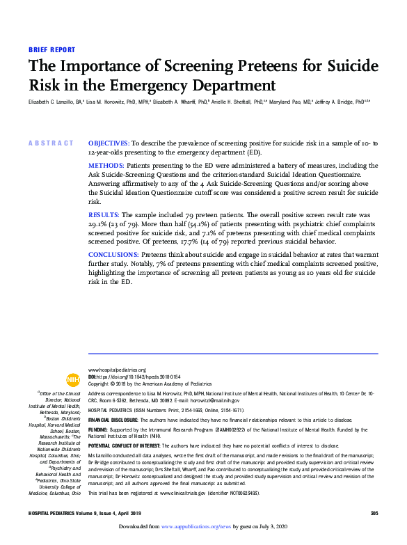 (PDF) The Importance of Screening Preteens for Suicide Risk in the ...
