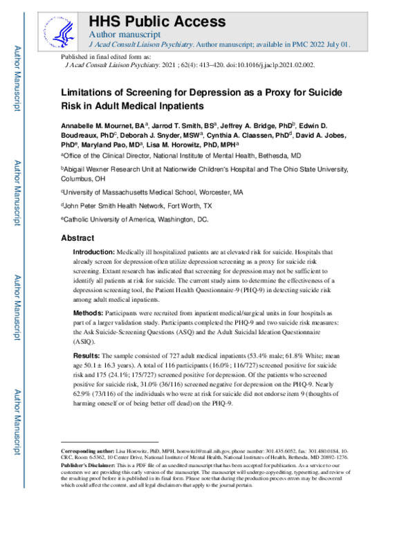 (PDF) Limitations of Screening for Depression as a Proxy for Suicide ...