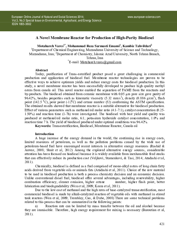 (PDF) A Novel Membrane Reactor for Production of High-Purity Biodiesel