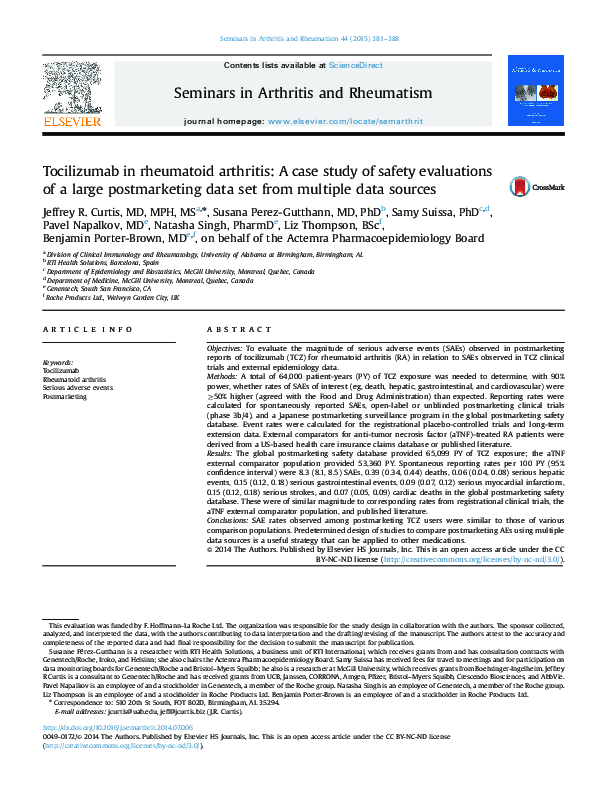 (PDF) Tocilizumab in rheumatoid arthritis: A case study of safety ...
