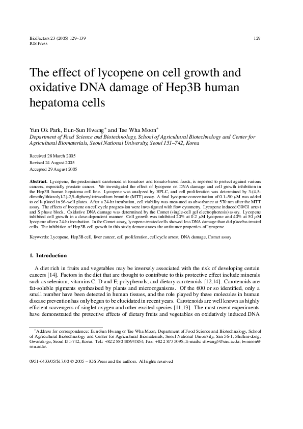 (PDF) The effect of lycopene on cell growth and oxidative DNA damage of ...