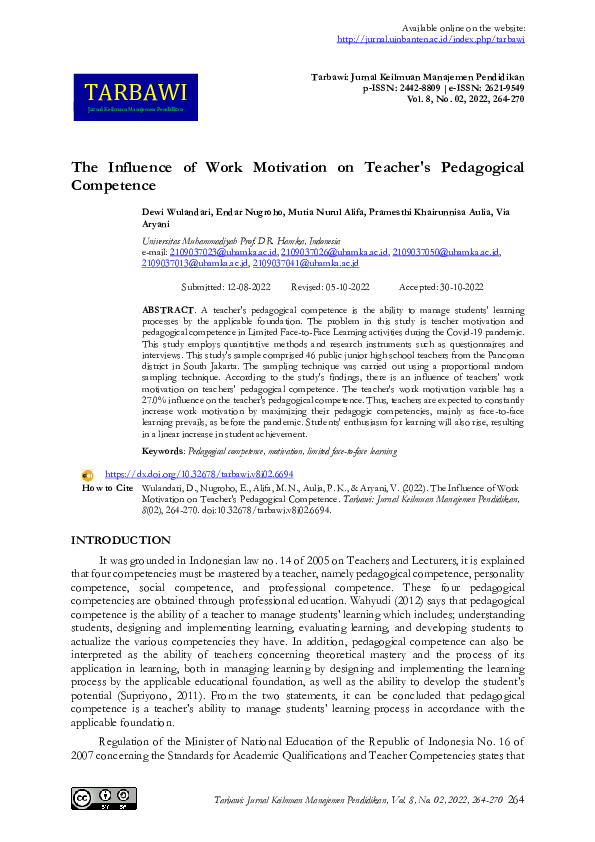 (PDF) The Influence of Work Motivation on Teacher's Pedagogical Competence