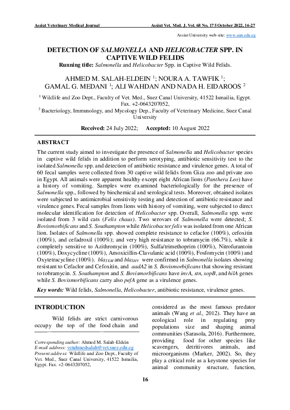 (PDF) Detection of Salmonella and Helicobacter Spp. In Captive Wild Felids