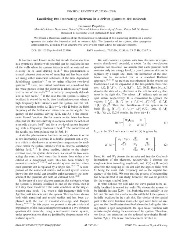 (PDF) Localizing two interacting electrons in a driven quantum dot molecule