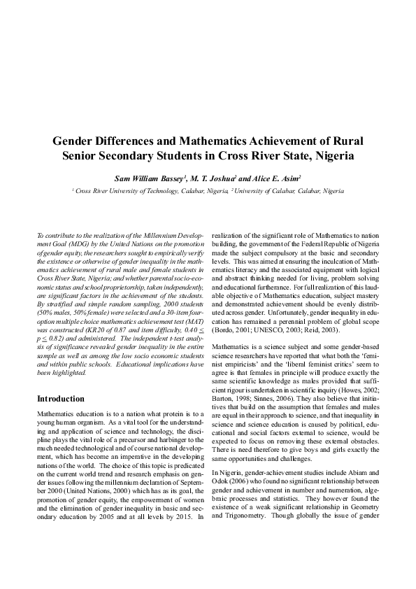 (PDF) Gender difference and mathematics achievement of rural and senior ...