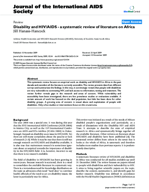 (PDF) Disability and HIV/AIDS - a systematic review of literature on Africa
