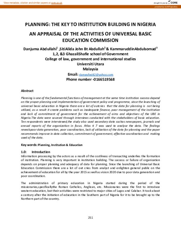(PDF) Planning: The key to institution building in Nigeria an appraisal ...