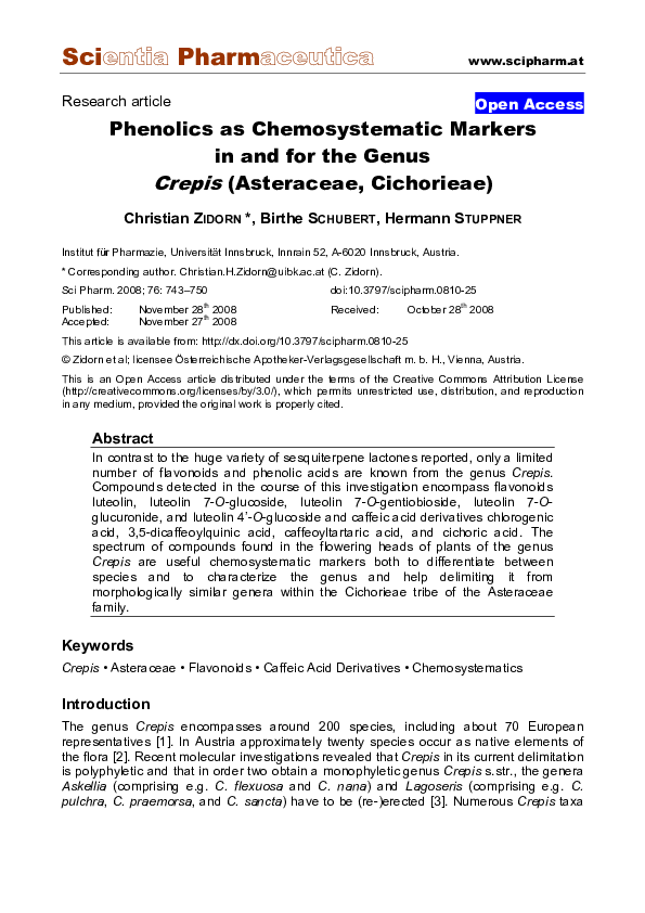 (PDF) Phenolics as Chemosystematic Markers in and for the Genus Crepis