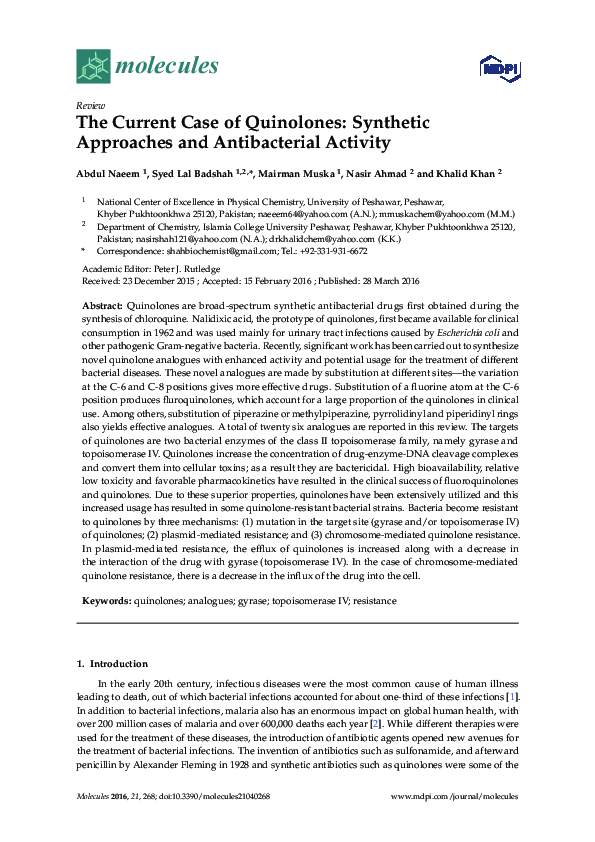 (PDF) The Current Case of Quinolones: Synthetic Approaches and ...
