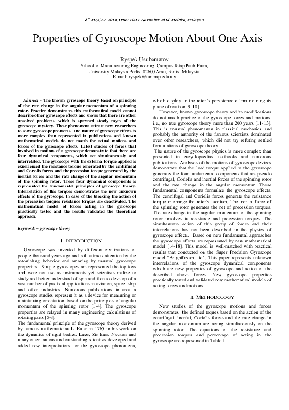 (PDF) Properties of Gyroscope Motion About One Axis