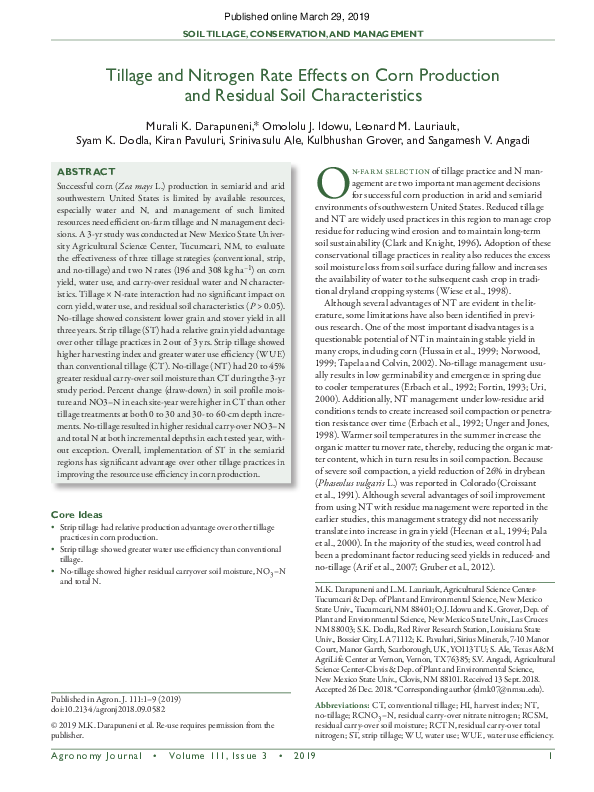 (PDF) Tillage and Nitrogen Rate Effects on Corn Production and Residual ...