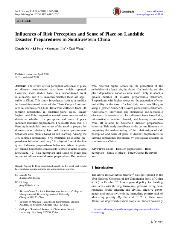 (PDF) Influences of Risk Perception and Sense of Place on Landslide ...