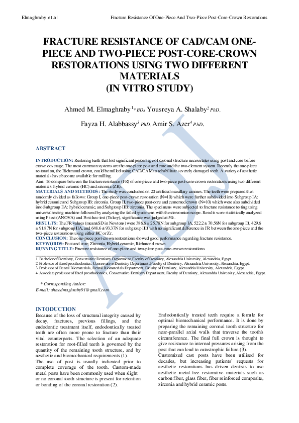 (PDF) Fracture Resistance of Cad/Cam One-Piece and Two-Piece Post-Core ...