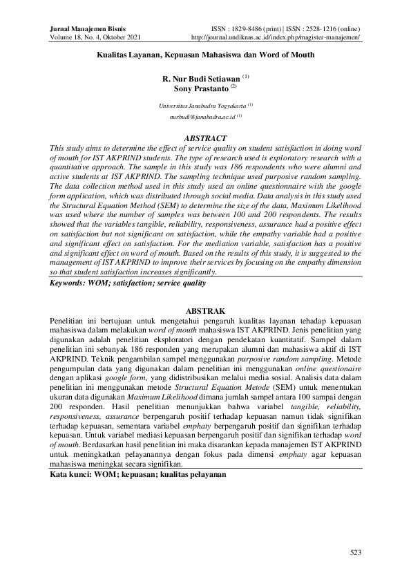 (PDF) Kualitas Layanan, Kepuasan Mahasiswa dan Word of Mouth | Nur Budi