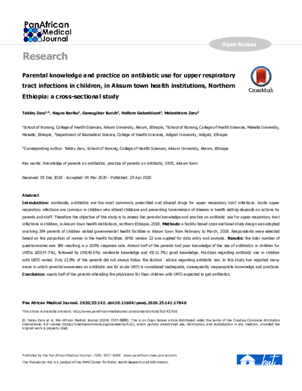 (PDF) Parental knowledge and practice on antibiotic use for upper ...