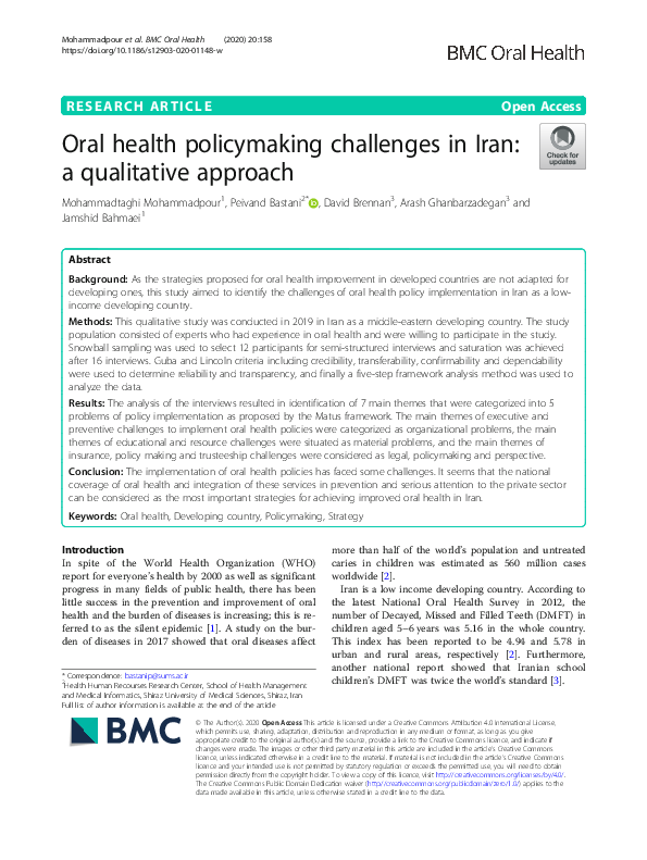 (PDF) Oral health policymaking challenges in Iran: a qualitative approach