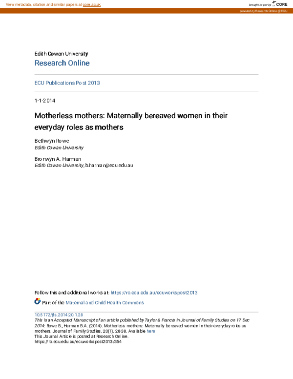 (PDF) Motherless mothers: Maternally bereaved women in their everyday ...