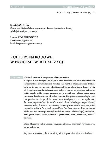 (PDF) Kultury narodowe w procesie wirtualizacji