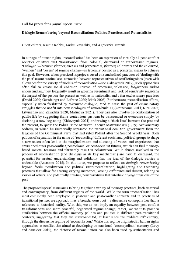 (PDF) Call for papers for a journal special issue Dialogic Remembering ...
