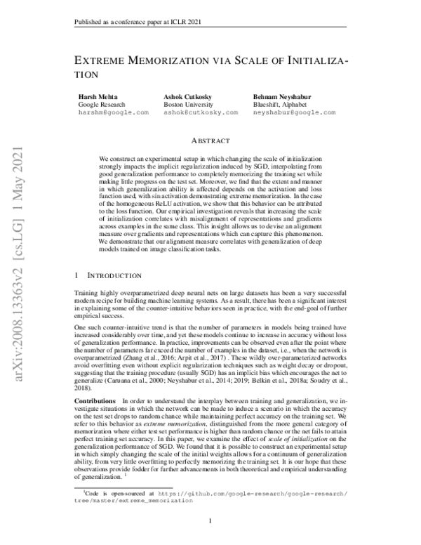 (PDF) Extreme Memorization via Scale of Initialization