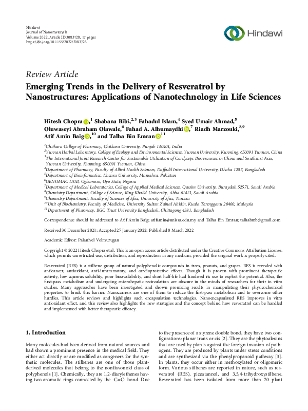 (PDF) Emerging Trends in the Delivery of Resveratrol by Nanostructures ...
