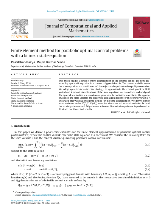 (PDF) Finite element method for parabolic optimal control problems with ...