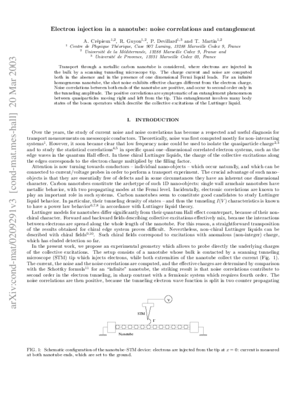 (PDF) Electron injection in a nanotube: Noise correlations and entanglement