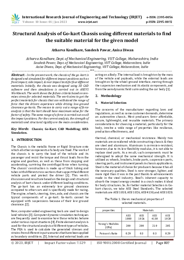 (PDF) Structural Analysis of Gokart Chassis using different materials