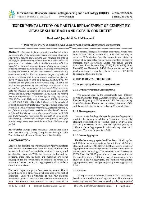(PDF) "EXPERIMENTAL STUDY ON PARTIAL REPLACEMENT OF CEMENT BY SEWAGE ...