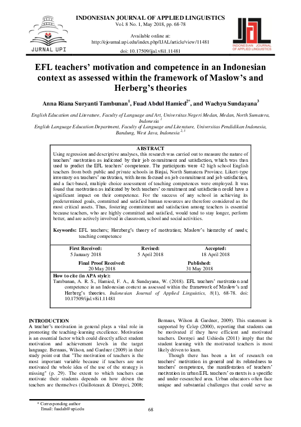 (PDF) EFL teachers’ motivation and competence in an Indonesian context ...