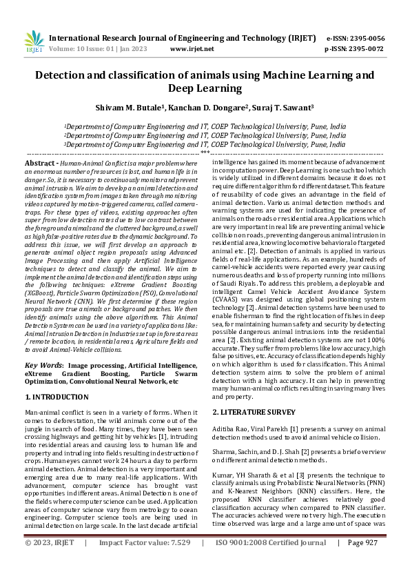 (PDF) Detection and classification of animals using Machine Learning ...