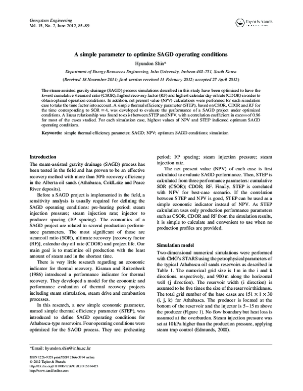 (PDF) A simple parameter to optimize SAGD operating conditions