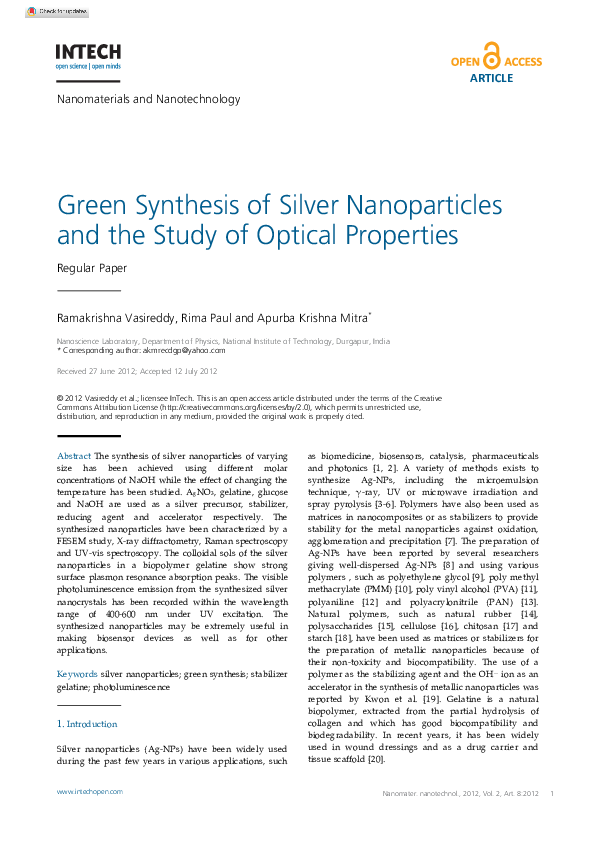 (PDF) Green Synthesis of Silver Nanoparticles and the Study of Optical ...