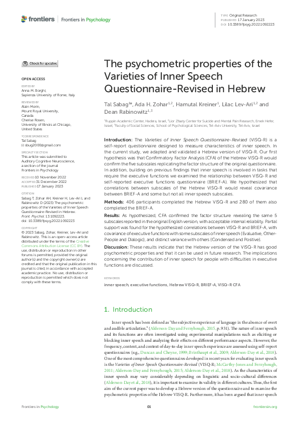 (PDF) The psychometric properties of the Varieties of Inner Speech ...