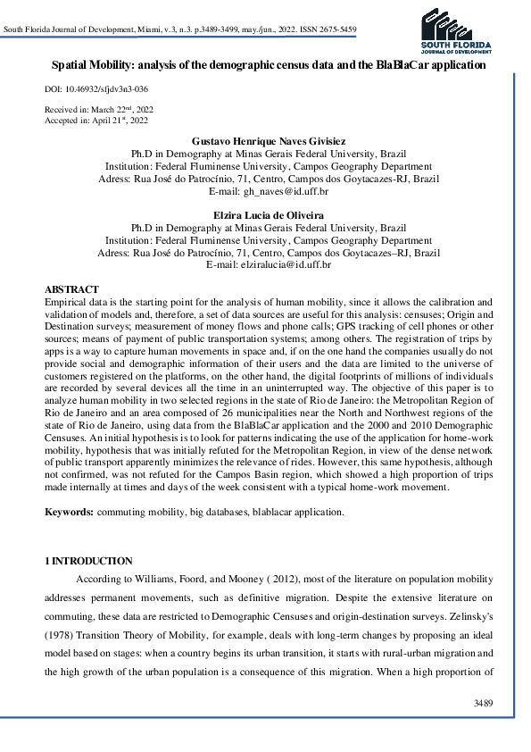 (PDF) Spatial Mobility: analysis of the demographic census data and the ...