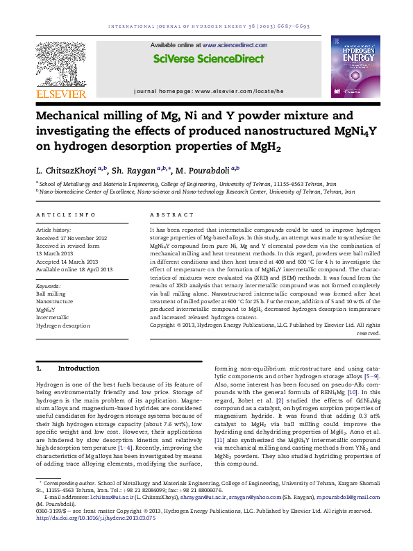 (PDF) Mechanical milling of Mg, Ni and Y powder mixture and ...