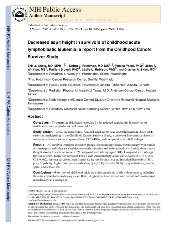 (PDF) Decreased Adult Height in Survivors of Childhood Acute ...