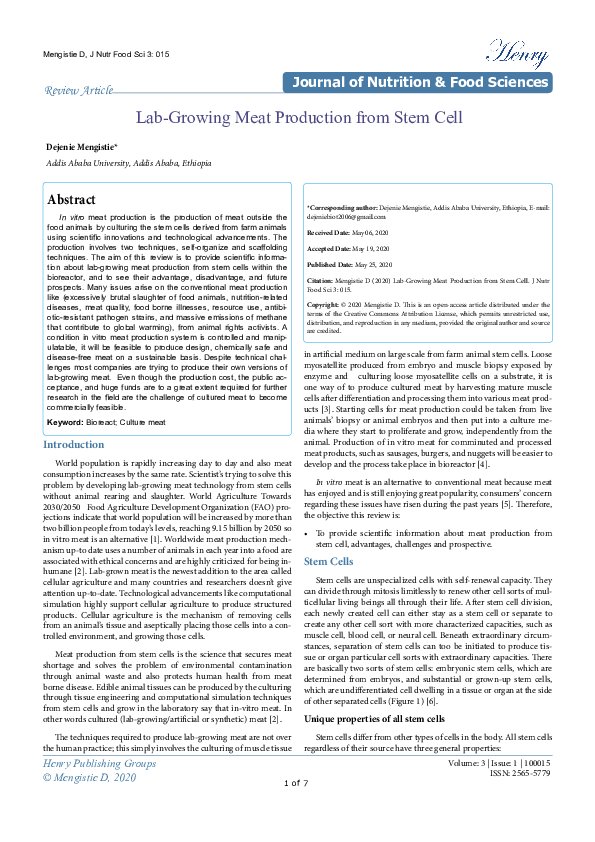 (PDF) LabGrowing Meat Production from Stem Cell Dejenie Mengistie