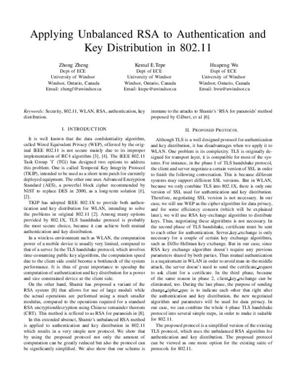 (PDF) Applying Unbalanced RSA to Authentication and Key Distribution in ...