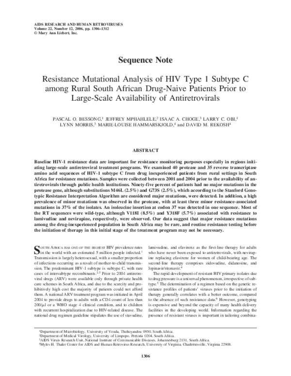 (PDF) Resistance Mutational Analysis of HIV Type 1 Subtype C among ...