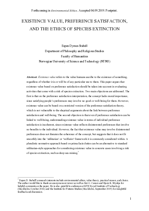 (PDF) Existence Value, Preference Satisfaction, and the Ethics of ...