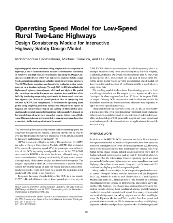 (PDF) Operating Speed Model for Low-Speed Rural Two-Lane Highways